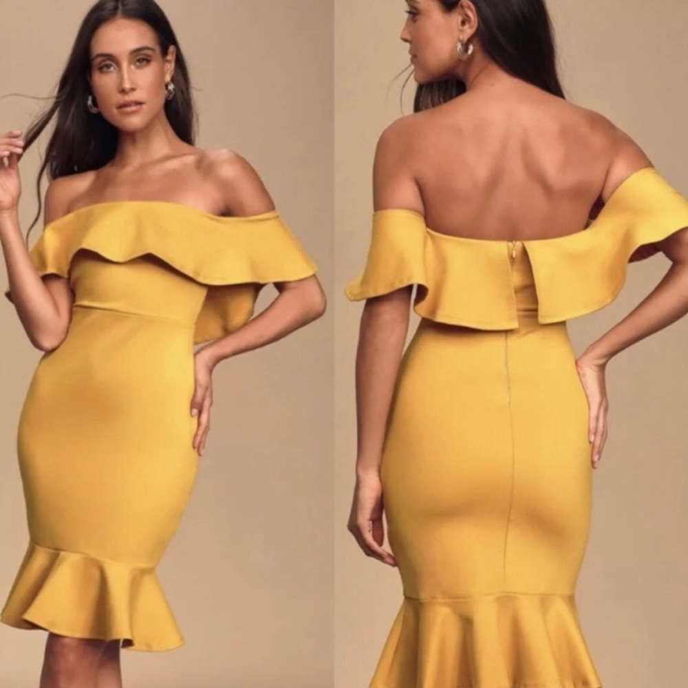 Lulu’s mustard off shoulder bodycon dress medium